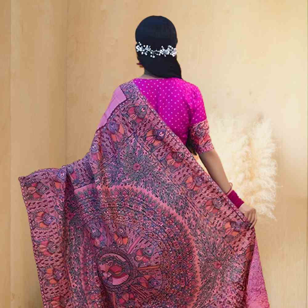 Tussar Saree with Madhubani Bride, Doli, and Kaahar Painting